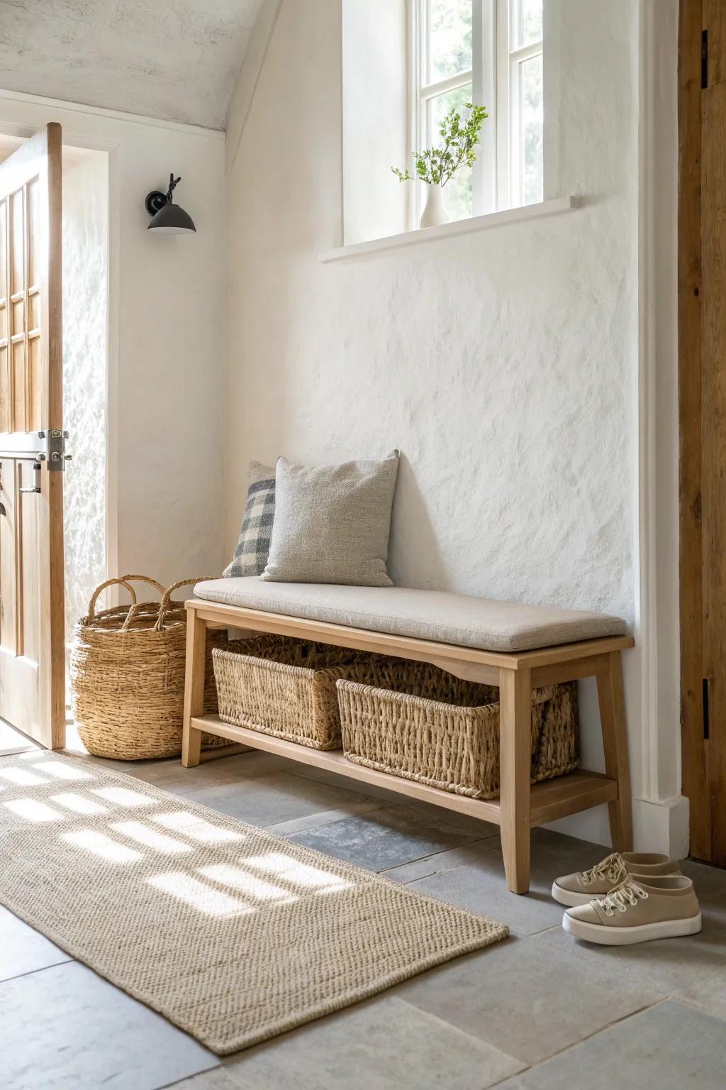 A slim oak bench with woven baskets underneath—simple, chic shoe storage for tight hallways.