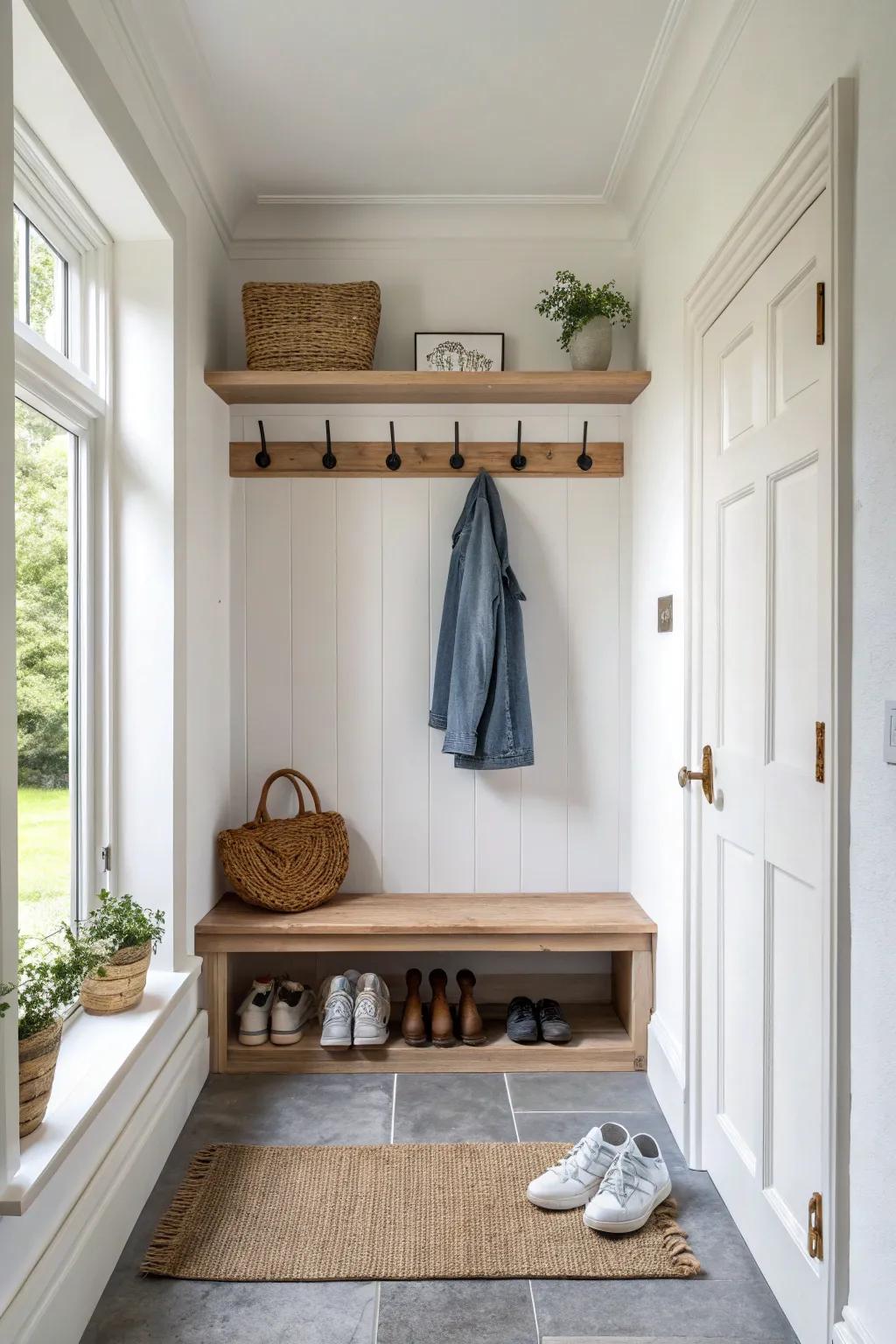 Narrow hallway mudroom wall: oak peg rail, slim bench, and tidy shoe storage below.