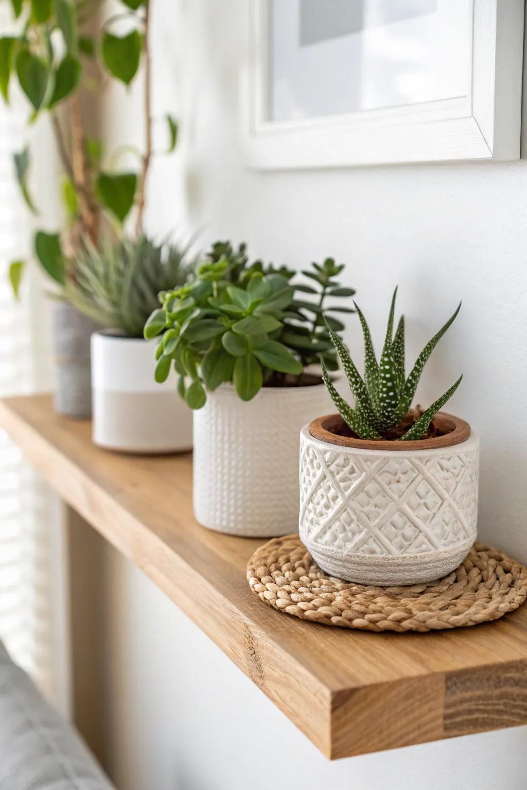 A floating shelf plant ledge turns a tiny entry into a calm, welcoming moment.