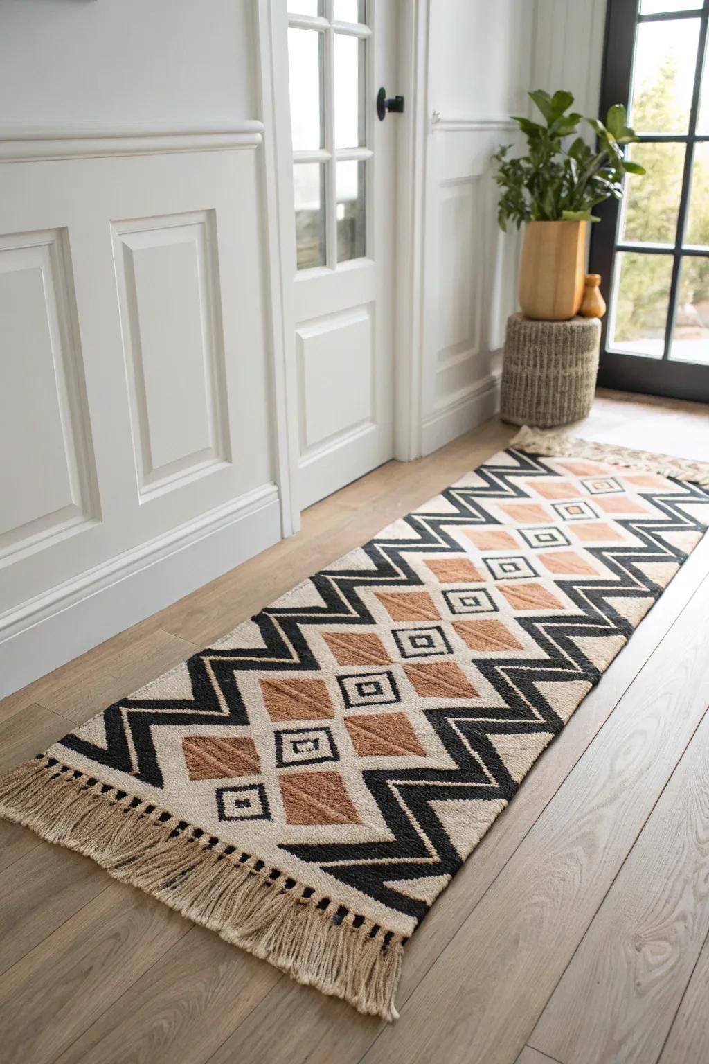 Modern geometric runner that instantly styles a small entry—bold pattern, calm Scandinavian vibe.
