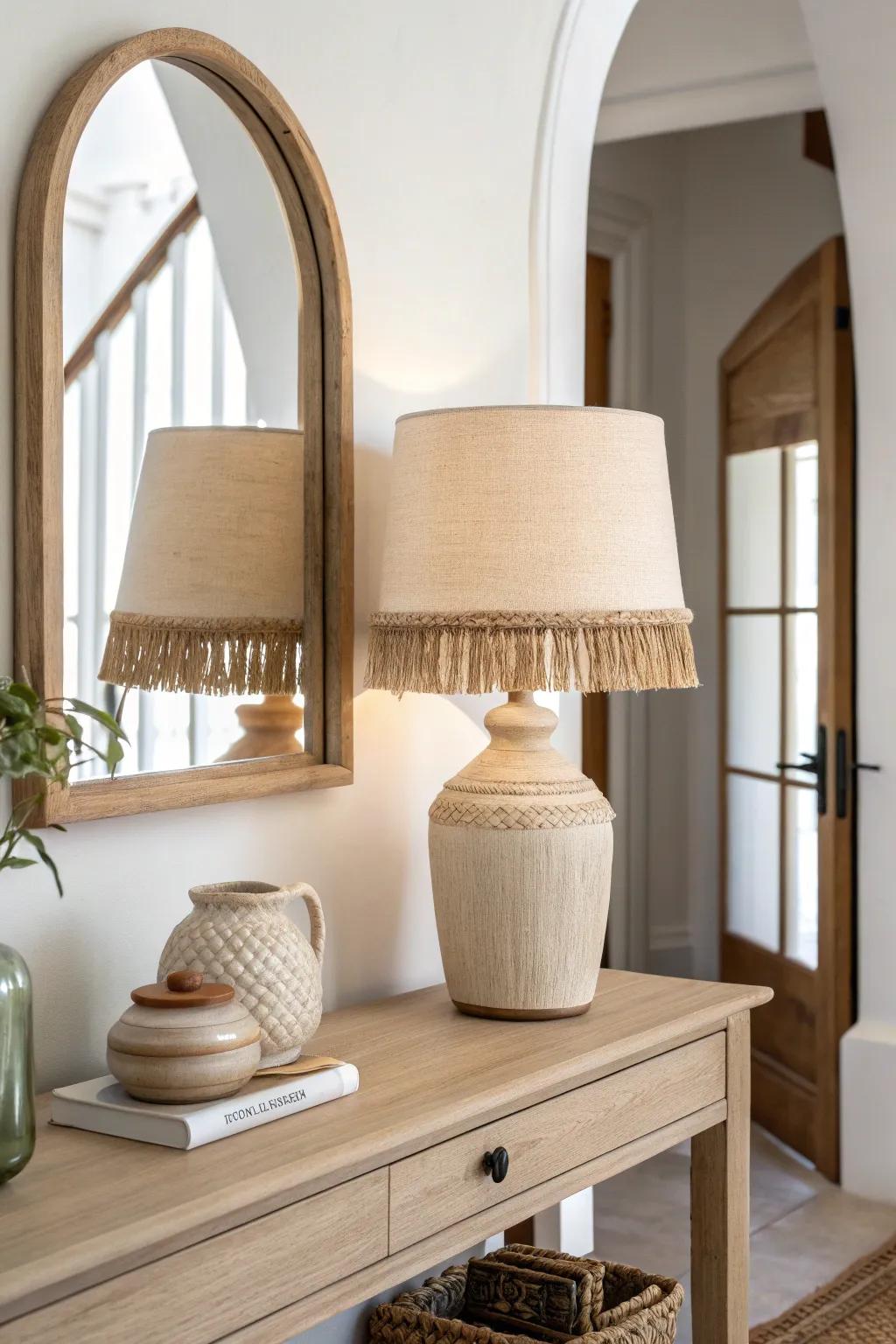 A warm table lamp reflected in an arched mirror makes a small entryway feel twice as bright.