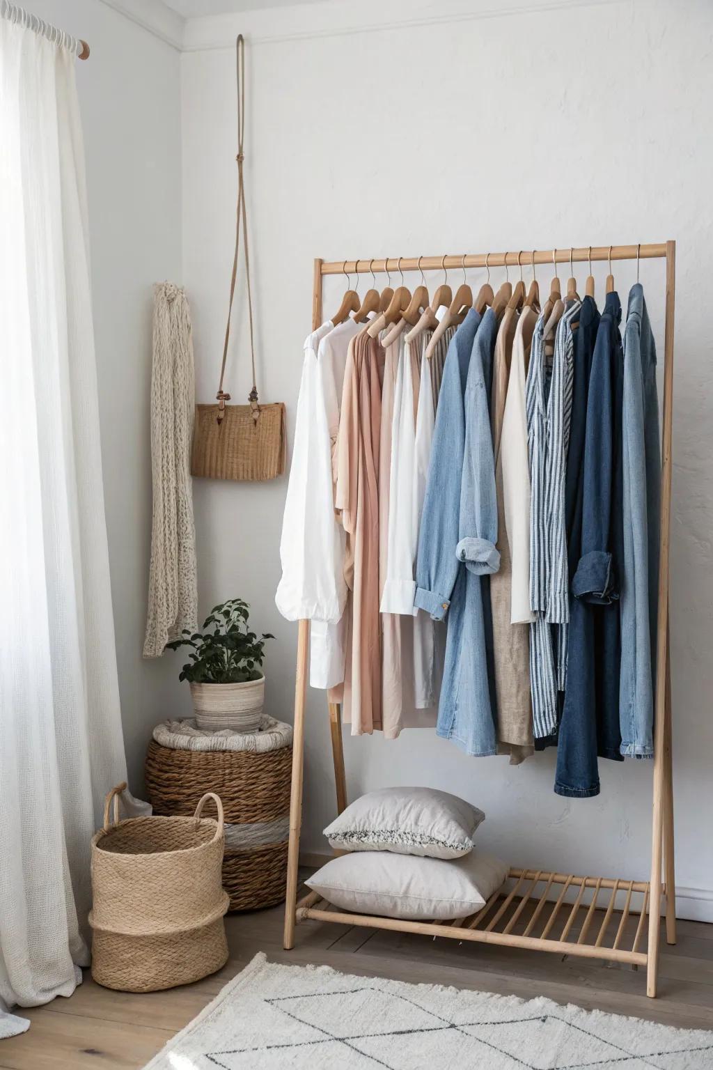 Color-coded open closet styling: calm neutrals to denim for a cleaner, faster morning.