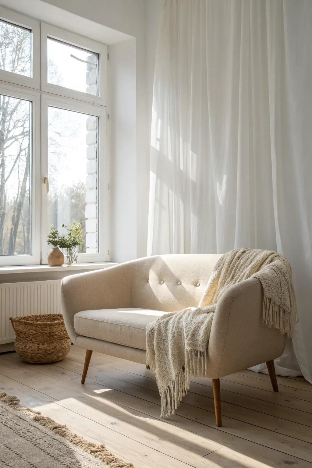 Anchor your seating by the window—bright light, calm lines, and a bigger-feeling tiny room.