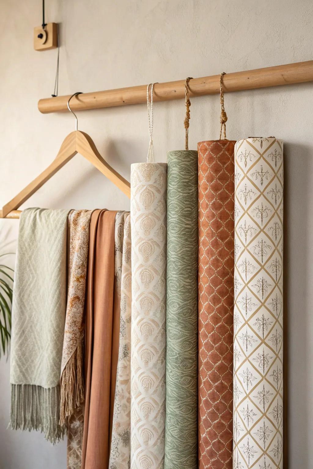 Elevate your space with chic fabric displays—an elegant solution for organization and style.