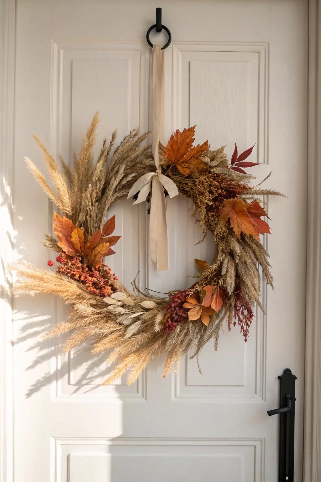 A simple fall wreath adds instant cozy vibes—renter-friendly and perfectly minimal.