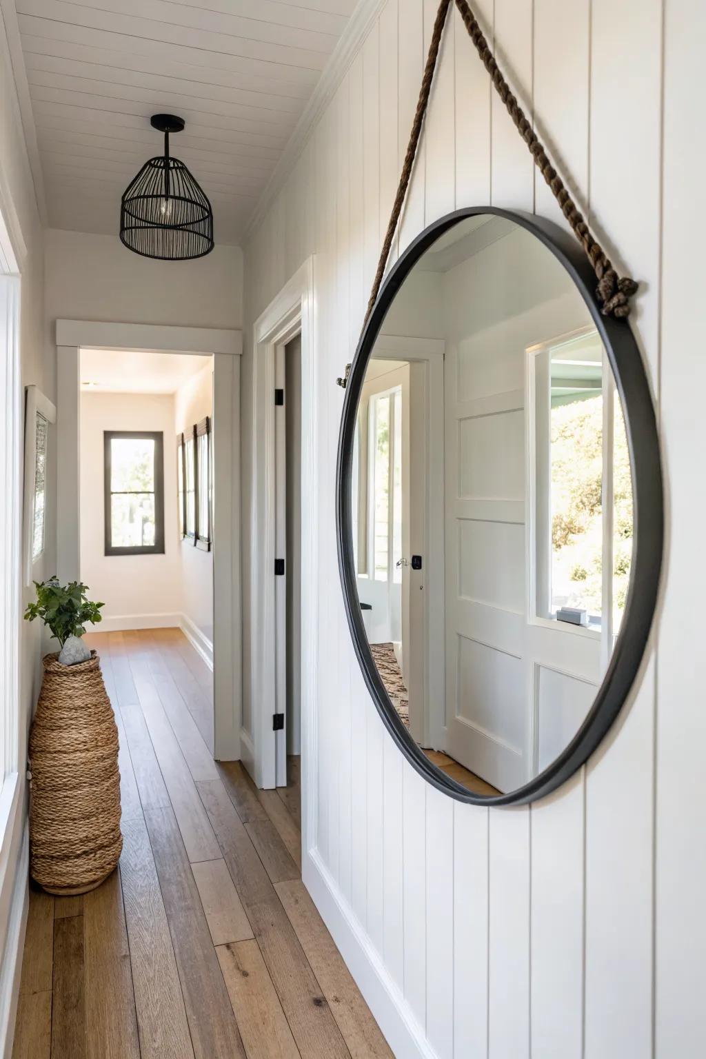 Oversized round mirror: instant farmhouse entry vibe for a brighter, bigger-feeling hall.