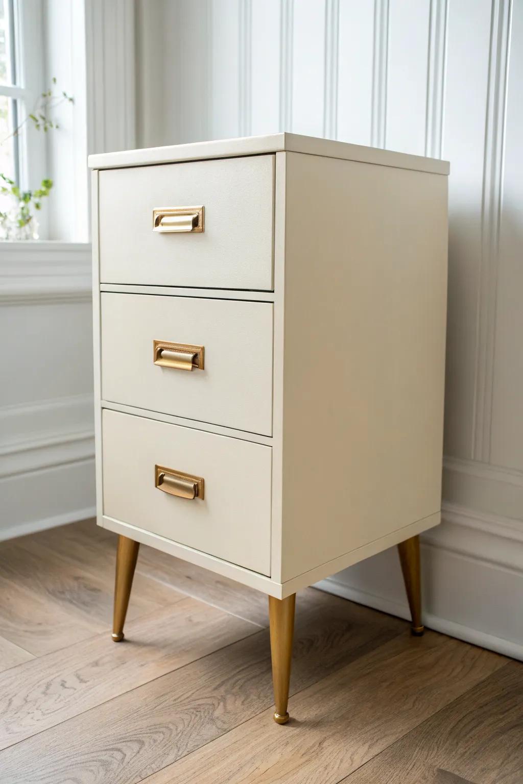 Add tapered legs to a file cabinet for an airy, furniture-like look perfect for small spaces.