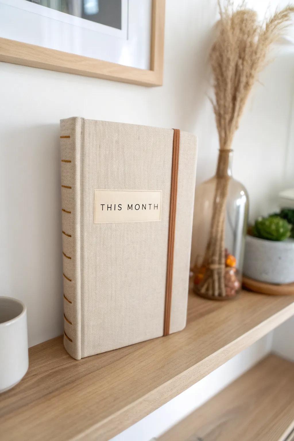 A slim “This Month” binder keeps receipts and bills tidy—perfect for budgeting in tiny spaces.