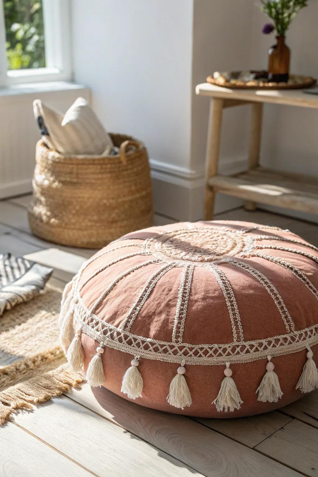 Handwoven floor cushion seating—cozy, low-key hangouts in small spaces without a bigger sofa.