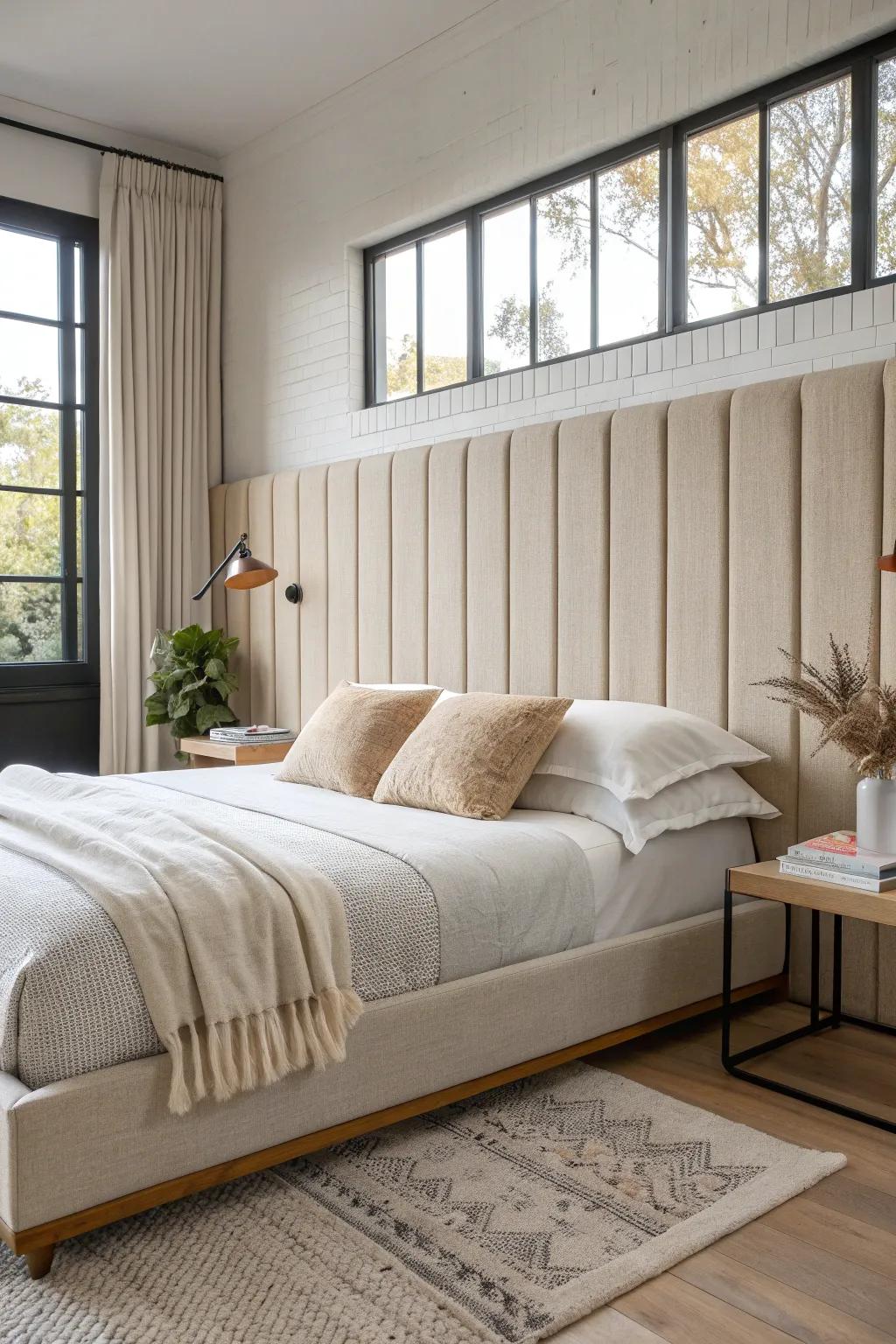 A wall-to-wall headboard panel zones a studio beautifully—soft, minimal, and space-saving.