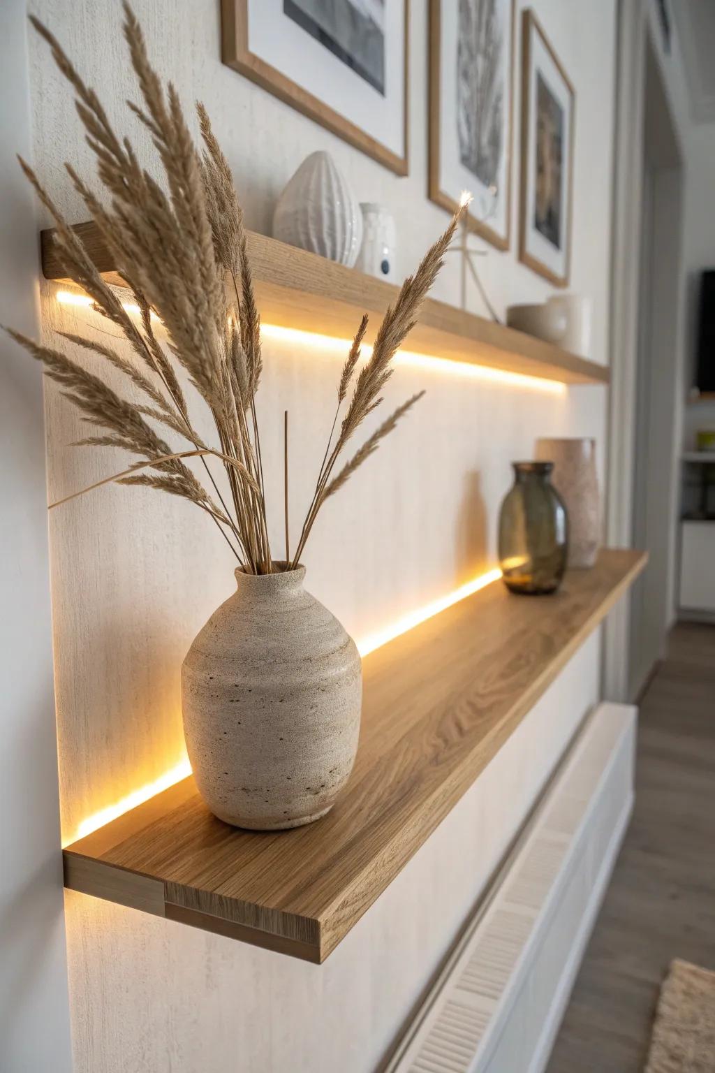 A dimmable floating shelf that shifts from bright task light to cozy evening glow.