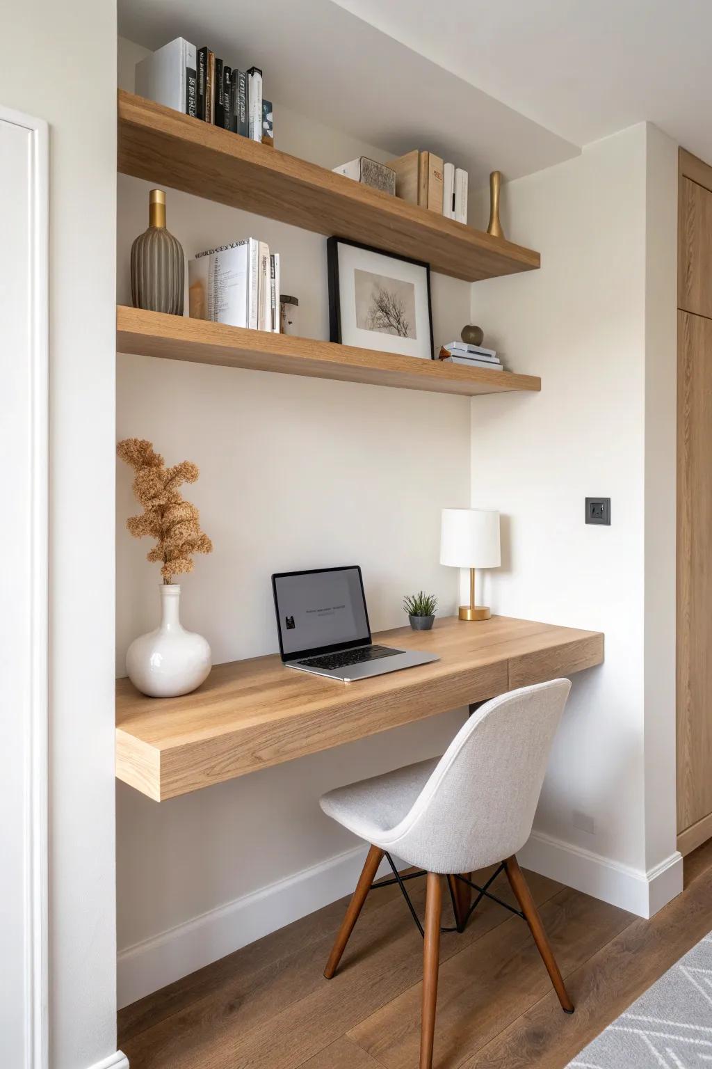 Wall-to-wall oak floating shelf makes a desk nook feel built-in—and visually wider.