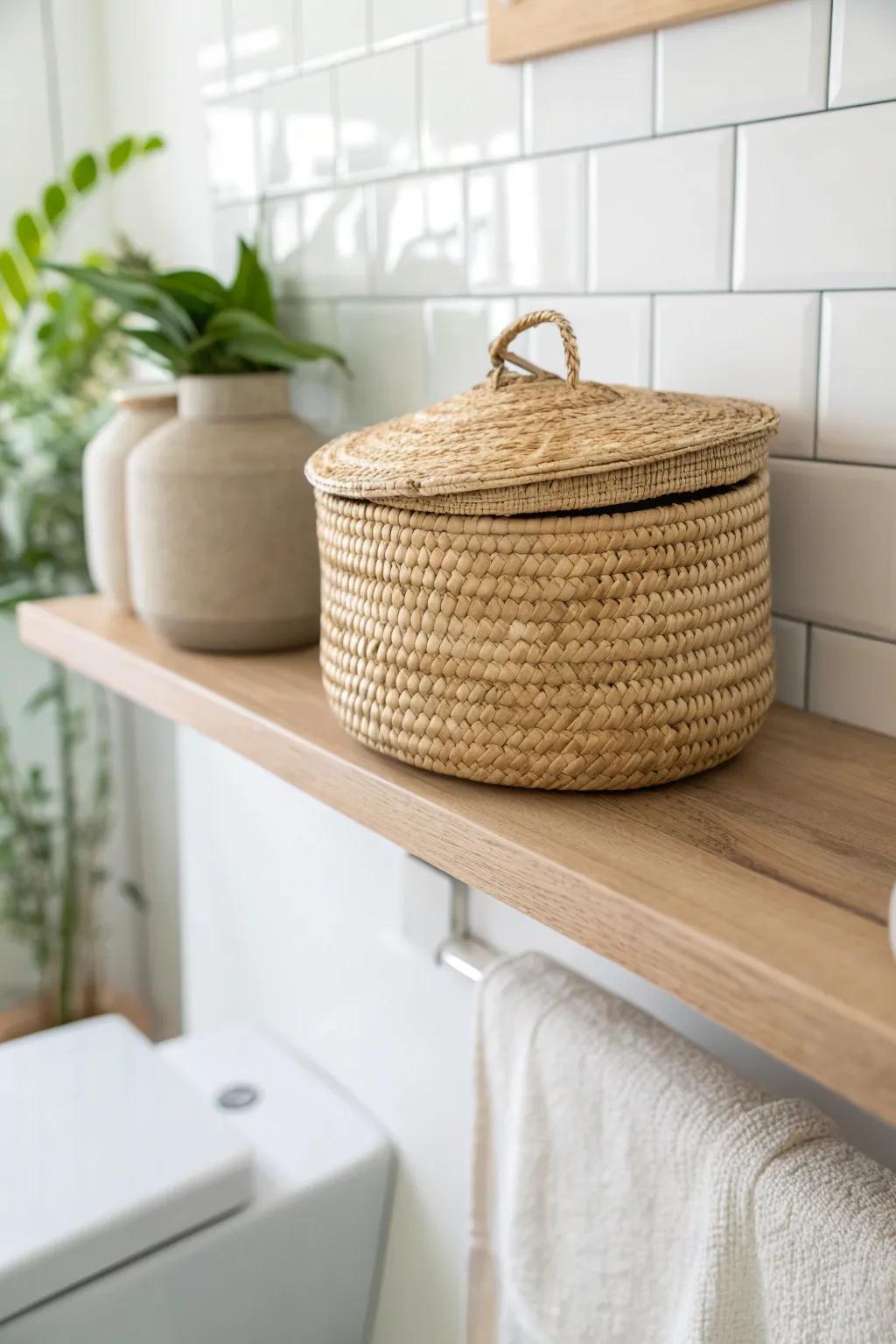 A lidded woven basket on a floating shelf hides wipes and soap—tidy bathroom instantly.
