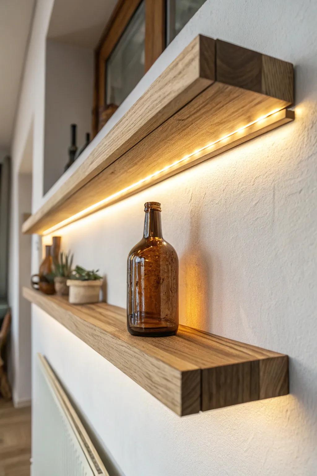 Warm under-shelf lighting turns a simple floating shelf into a cozy, label-friendly mini bar.