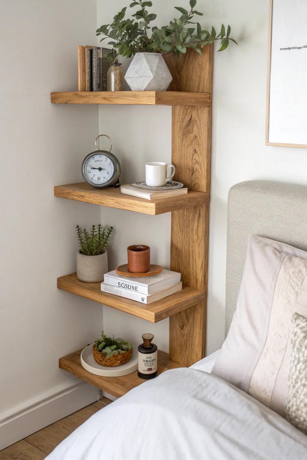 Turn the awkward bedside corner into a chic vertical shelf stack for daily essentials and decor.