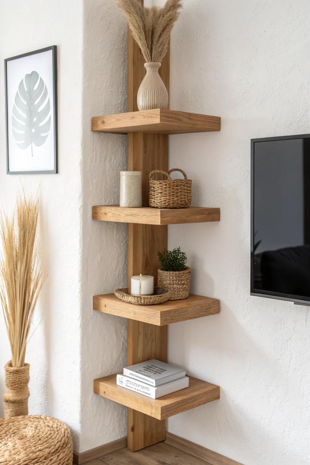 Three stacked floating shelves beside the TV—mini towers for books, baskets, and calm decor.