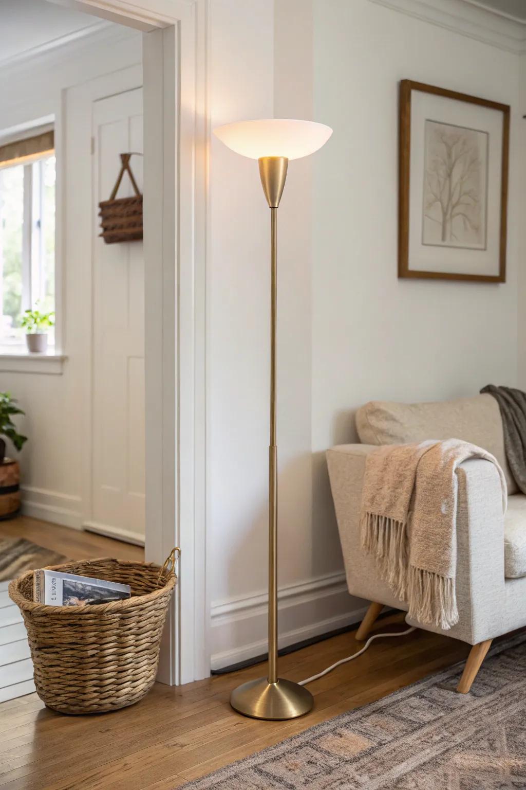 Torchiere uplight floor lamp brightens a tiny living room by washing the ceiling with light.