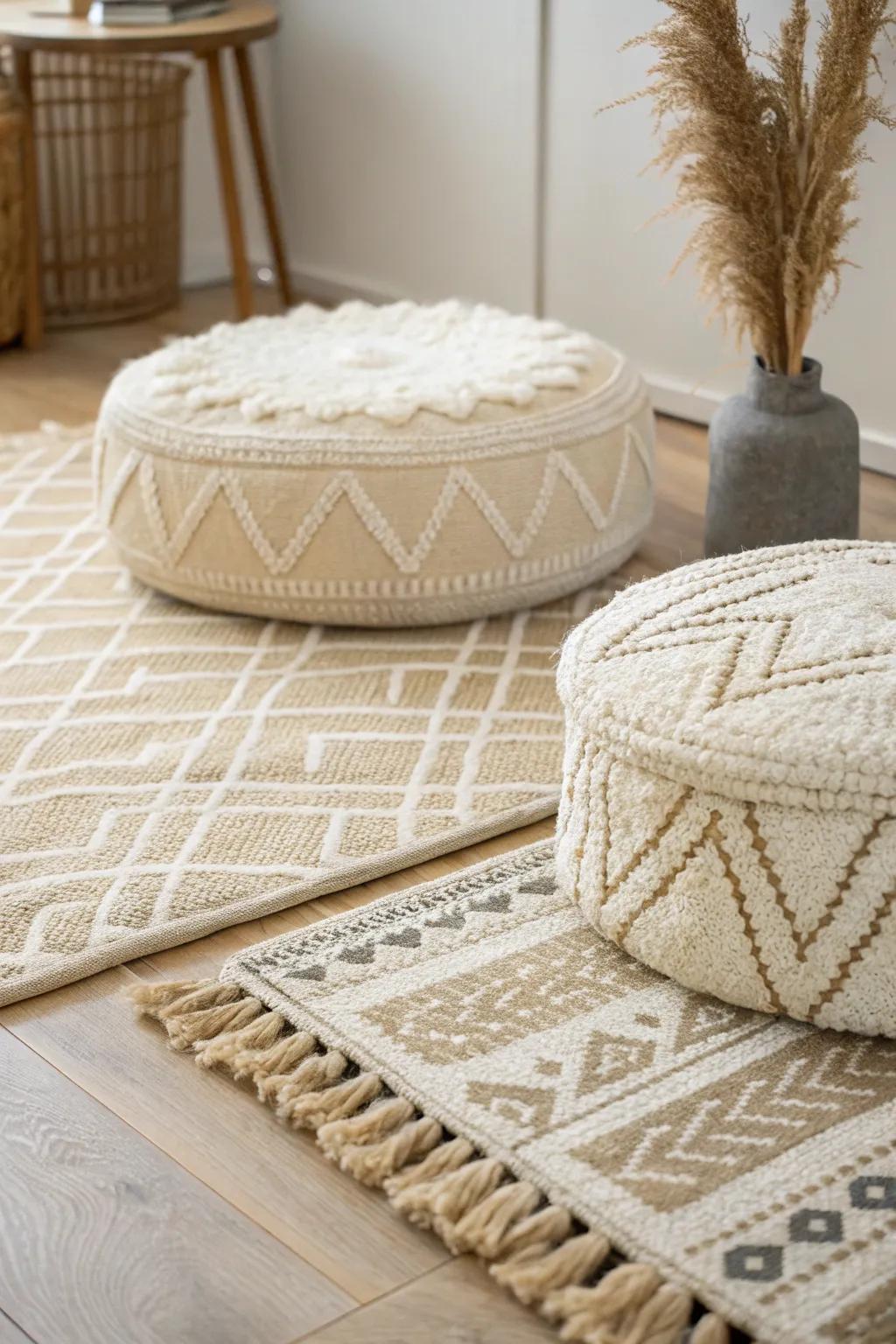Layer two rugs—flatweave + plush—to make floor seating feel cushioned, warm, and quiet.