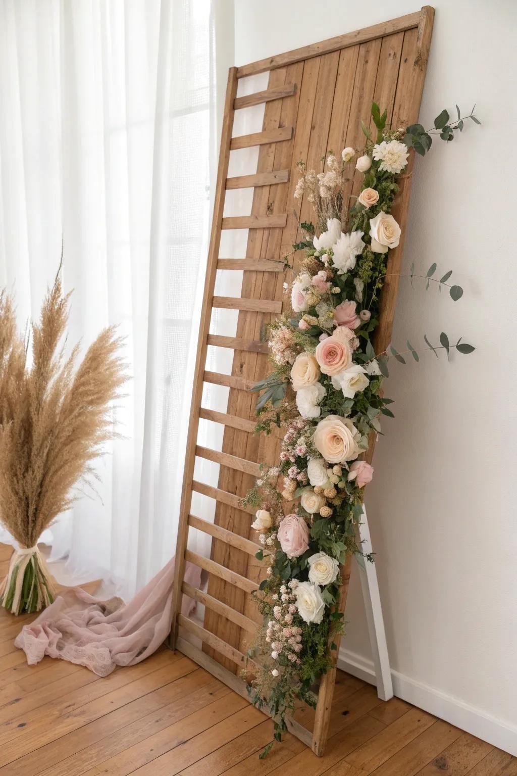 Warm wood slats + blush blooms create a cozy, rustic flower wall corner for small spaces.