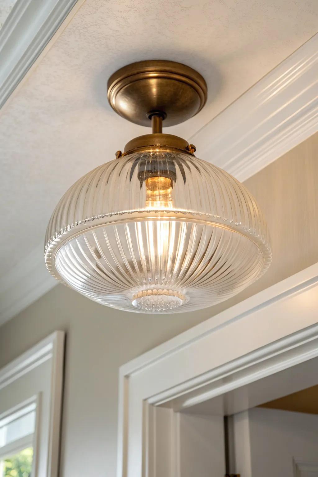 Ribbed glass flush mount adds subtle sparkle and texture—perfect for small, minimal entries.