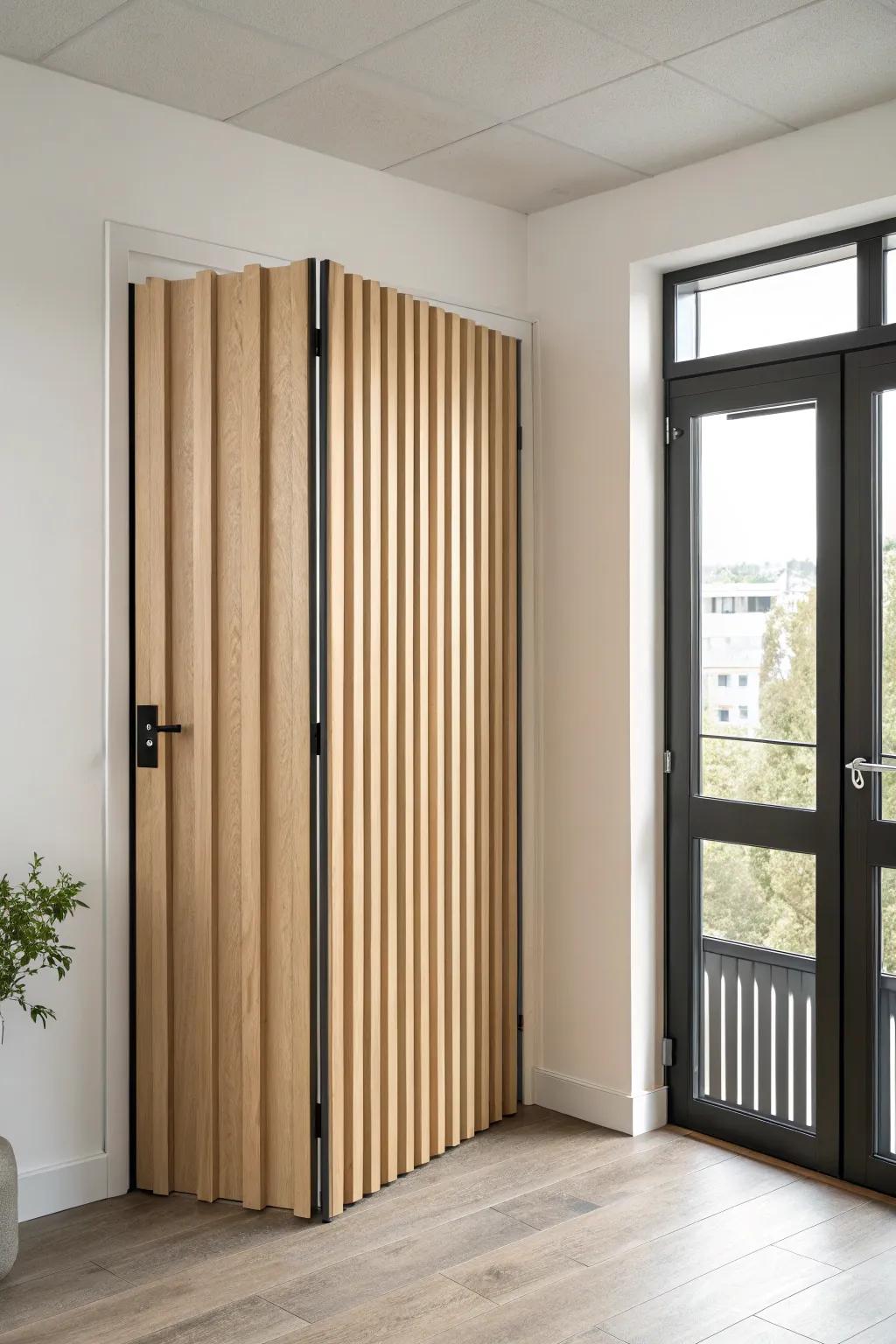 Light oak accordion doors add flexible privacy—perfect for dividing a small studio space.