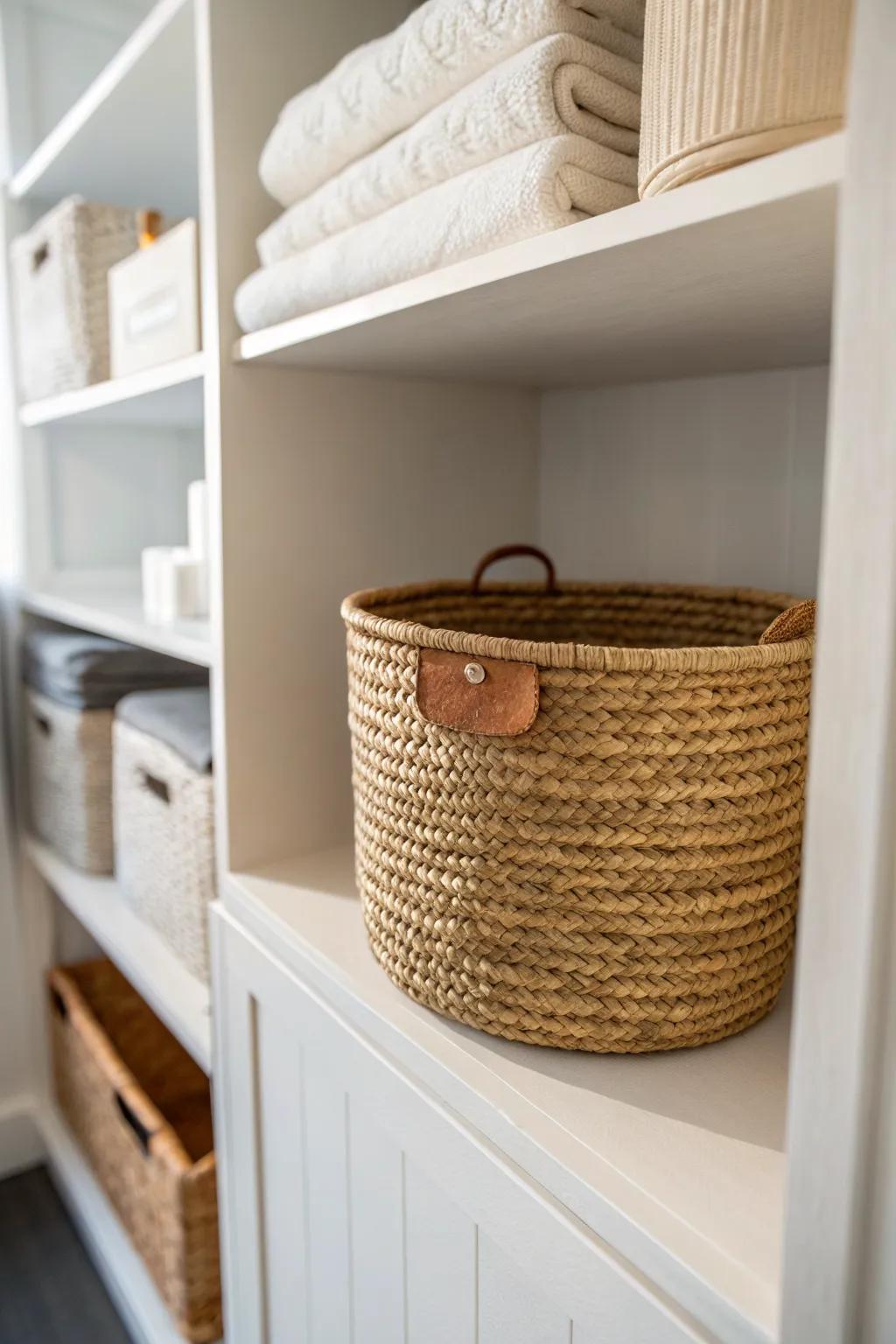 Matching woven baskets on the top shelf keep your tiny entryway closet calm and chic.