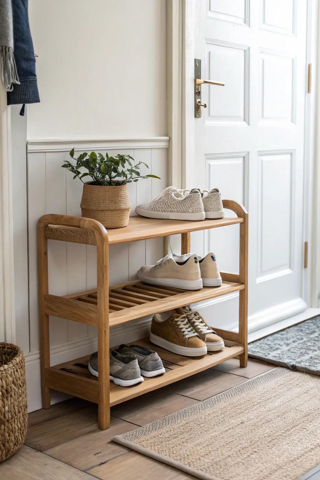 A two-tier shoe shelf keeps your entry calm—display only daily pairs for a curated look.