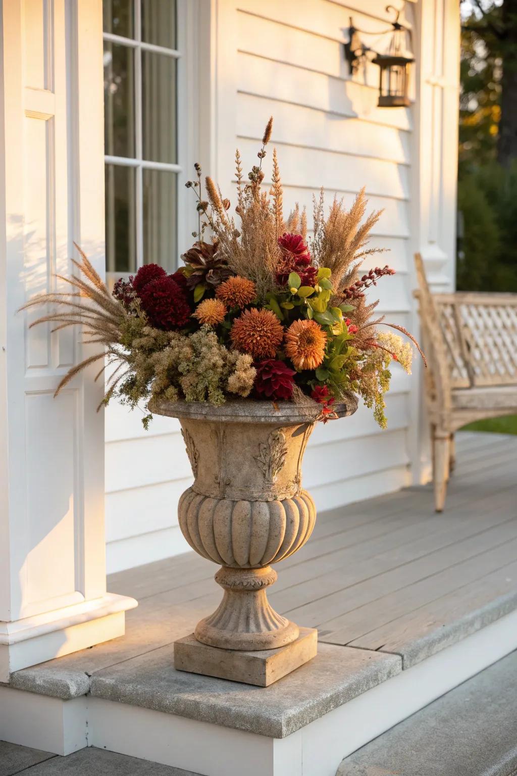 Classic urn planter packed with rust, gold, and burgundy blooms for a warm fall porch.