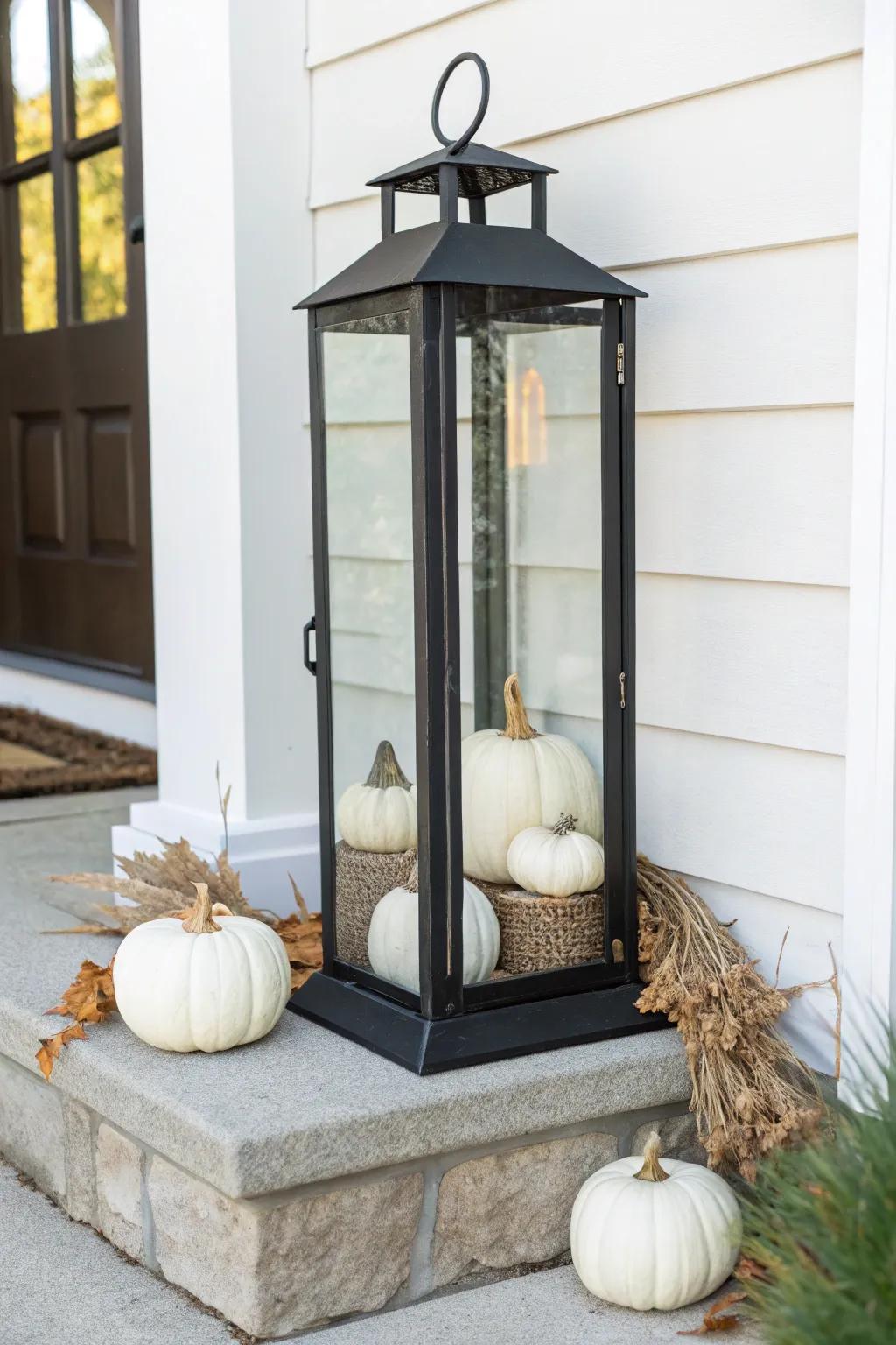 Swap candles for mini white pumpkins—one lantern, big fall charm for the smallest porches.