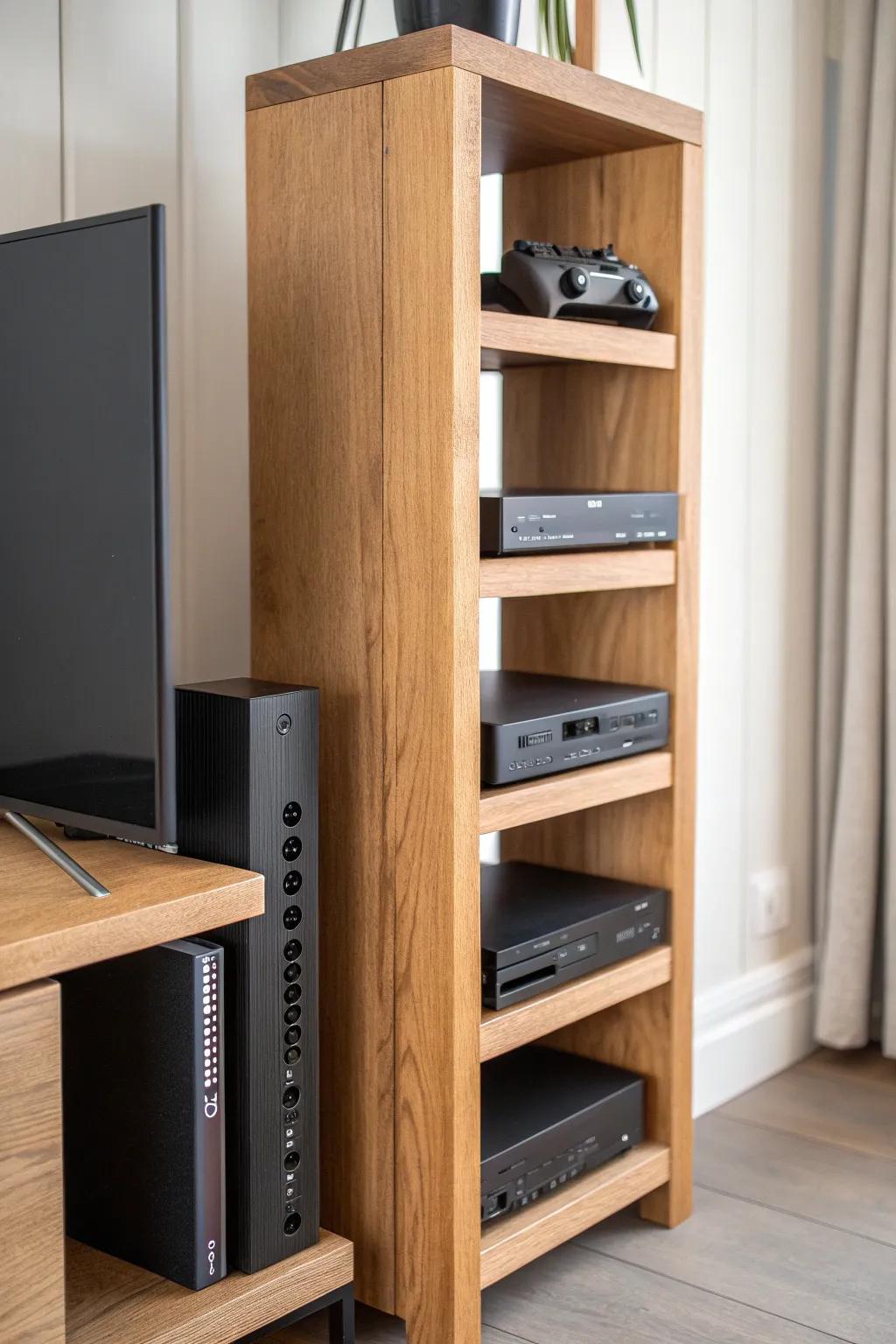 Slim vertical shelf keeps consoles stacked, spaced, and chic—perfect for tiny media corners.