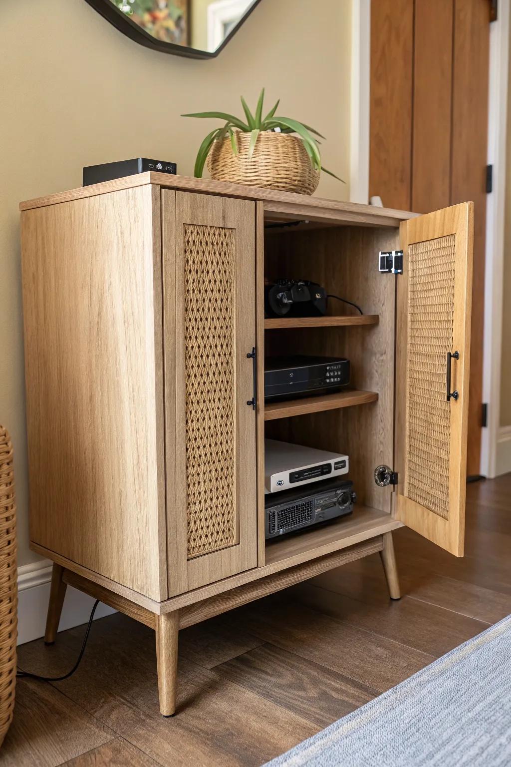 Ventilated console cabinet that keeps consoles cool and hides cords for a clutter-free nook.