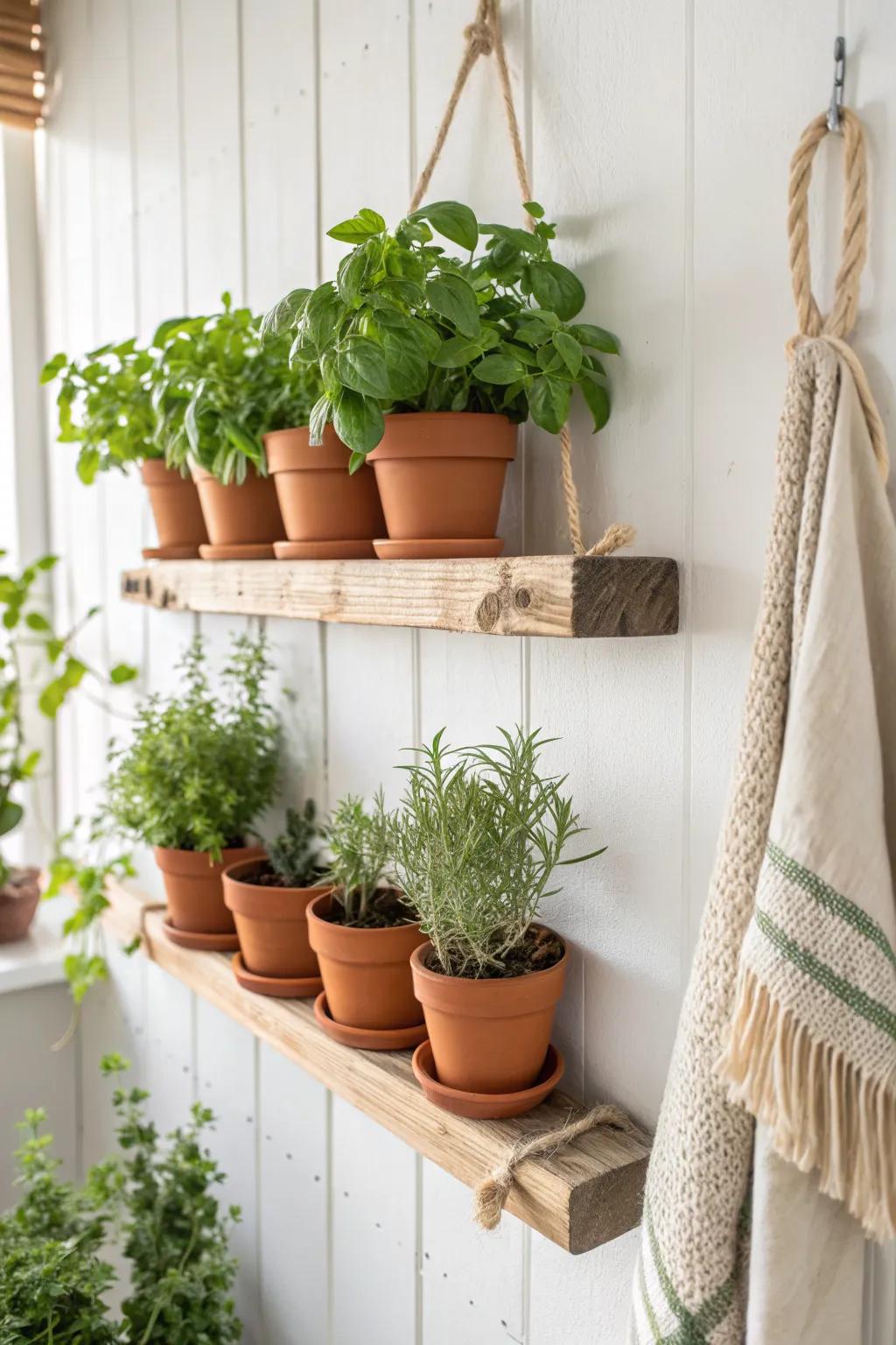 A simple wall shelf turns into a chic herb garden—fresh flavor at eye level, always.
