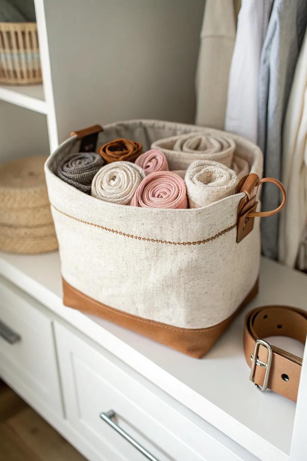 Fabric bin corral for bows & tights—tiny extras stay tidy and the closet stays calm.