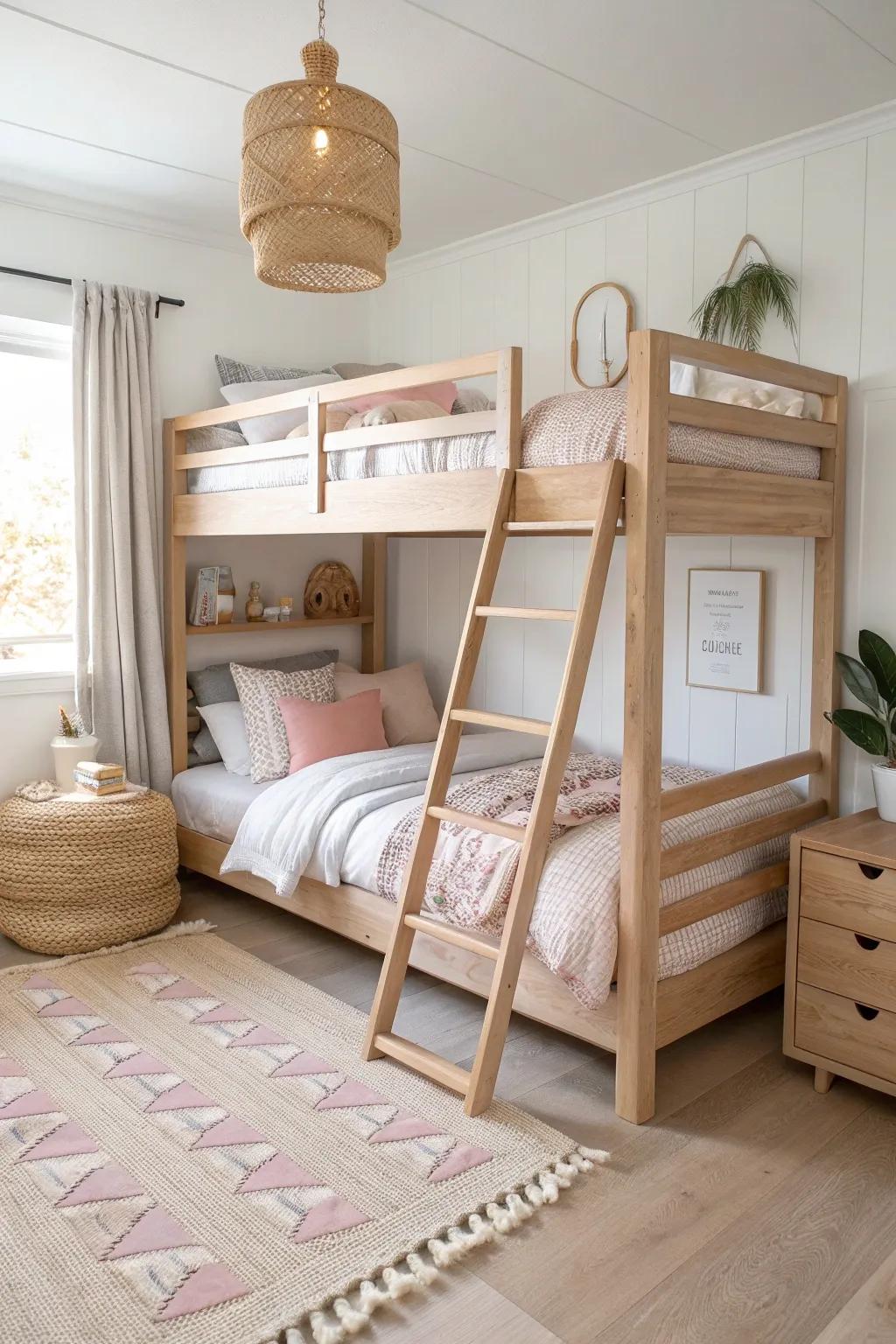 Light wood bunks with tiny lights and pocket organizers—two cozy nooks, more floor space.