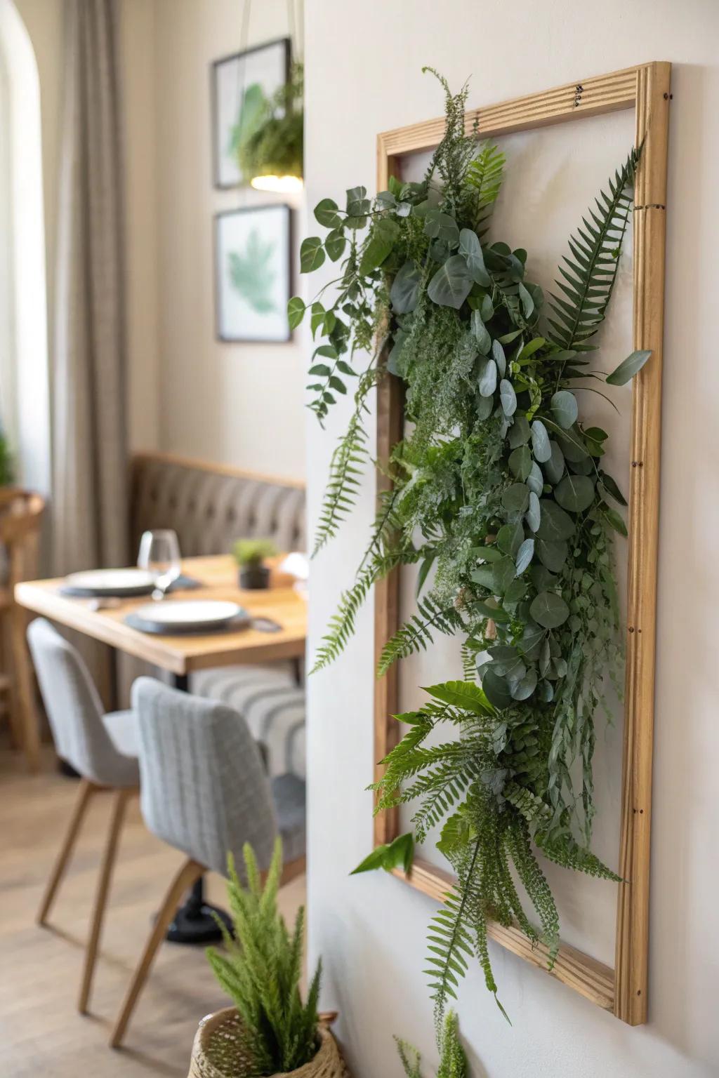 Zero-maintenance faux greenery wall—instant garden vibe for small, low-light dining nooks.