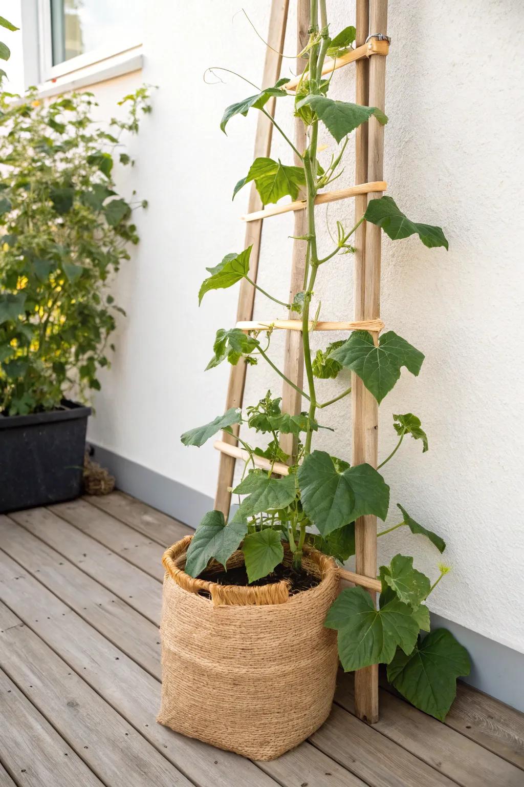 Cucumber grow bag + slim bamboo trellis—vertical growth that keeps small patios open and airy.