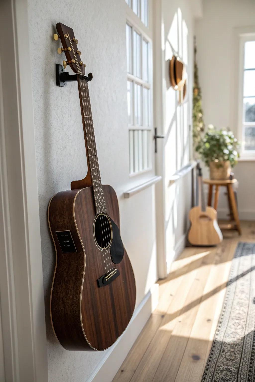 Make your hallway feel like a mini gallery—angled wall hangers turn your guitar into art.