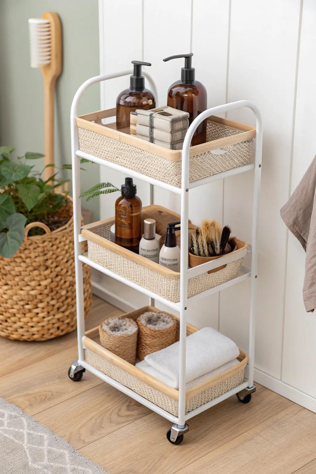 A minimalist rolling cart hair station that glides into any corner—small-space styling bliss.