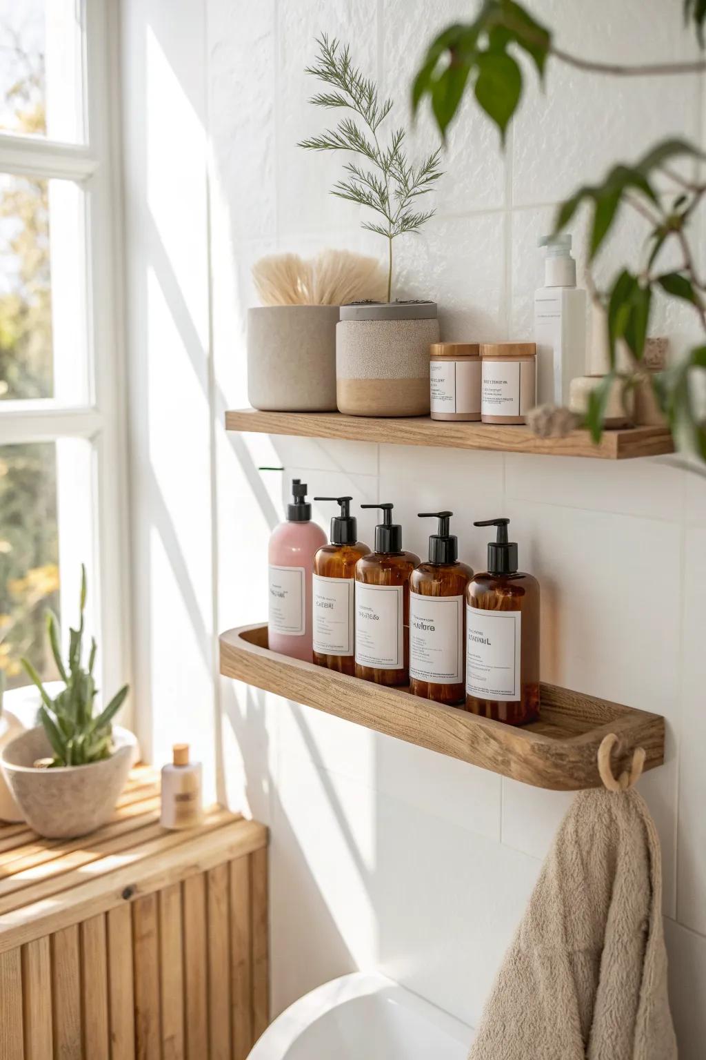 Go vertical: slim floating shelves turn your prettiest hair products into chic decor.