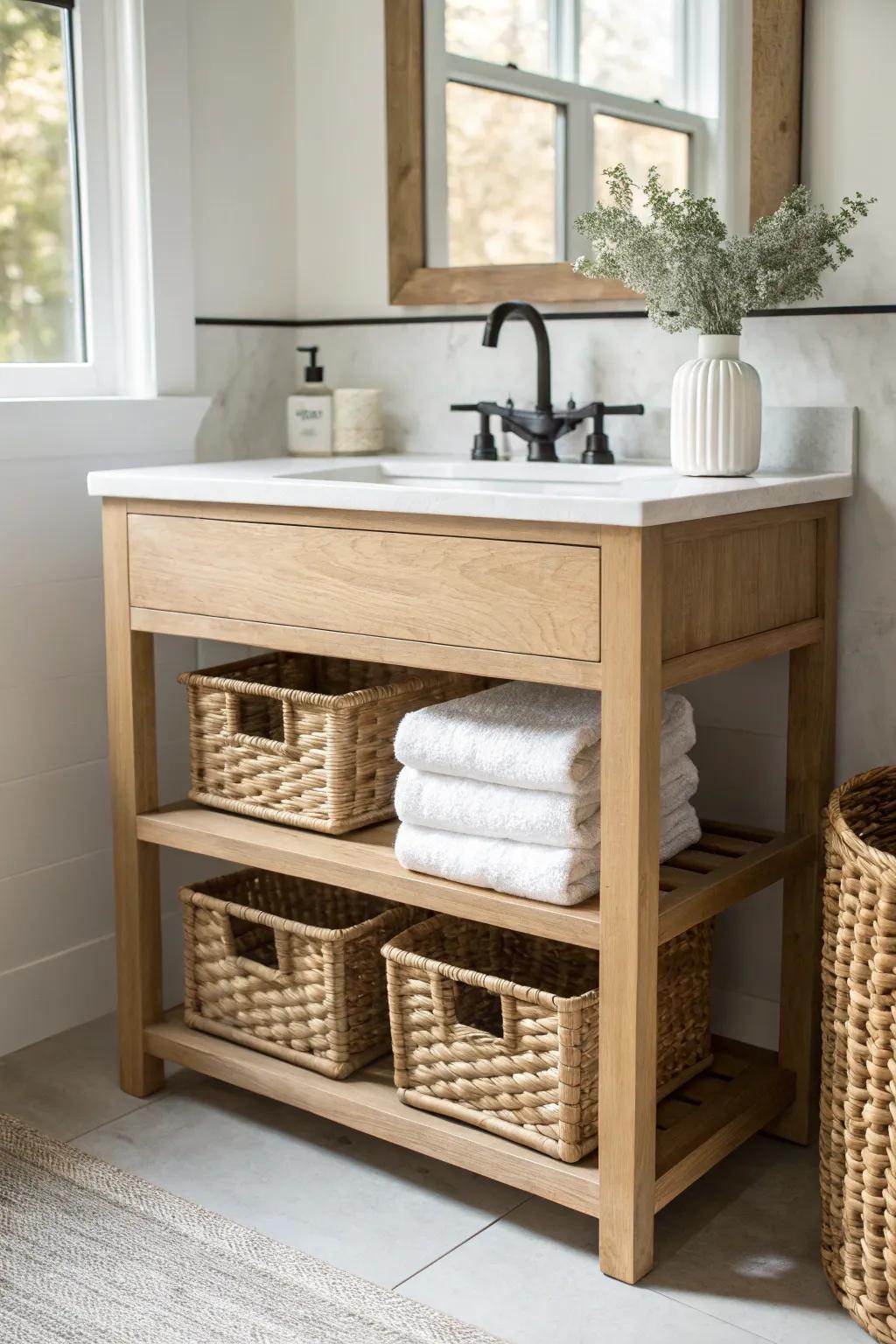 An airy open-shelf half bath vanity, styled with woven baskets for hidden storage.