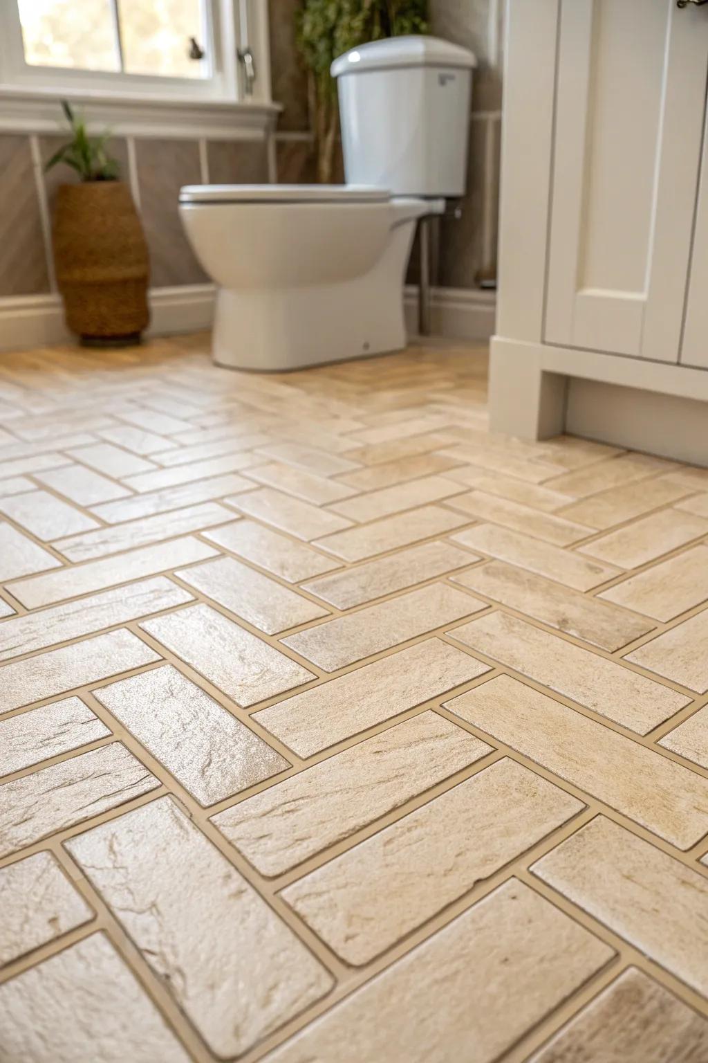 Herringbone floor tile adds instant movement—perfect for making a tiny half bath feel bigger.