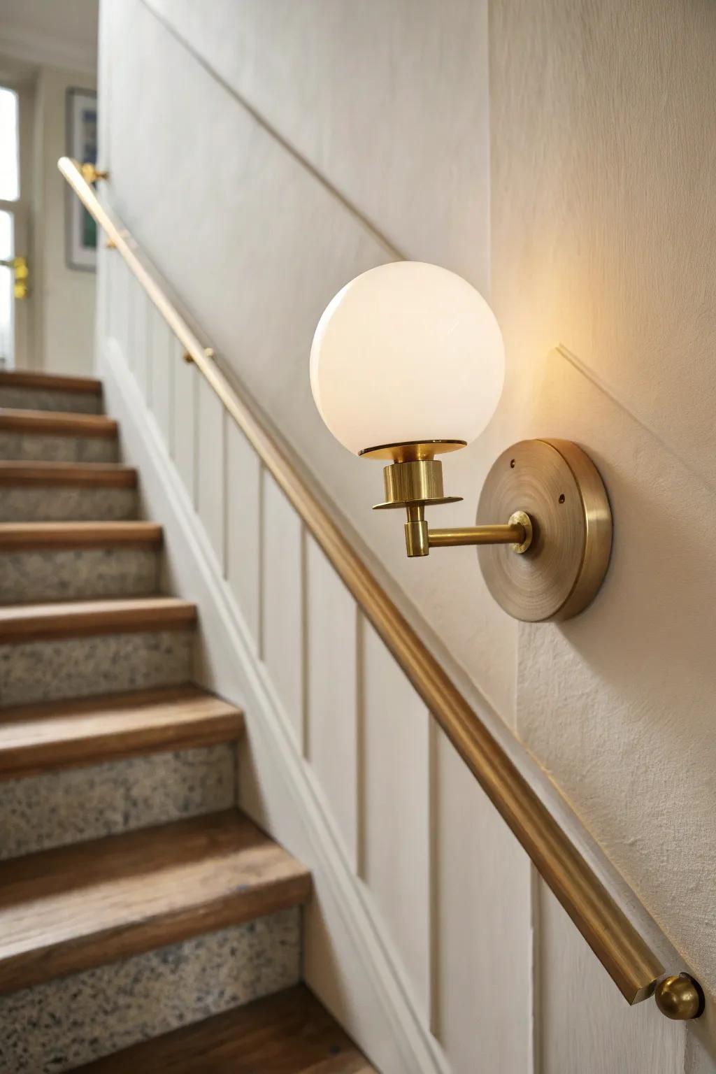 Warm brass wall sconce lighting that turns a narrow stairway into a calm, cozy evening glow.