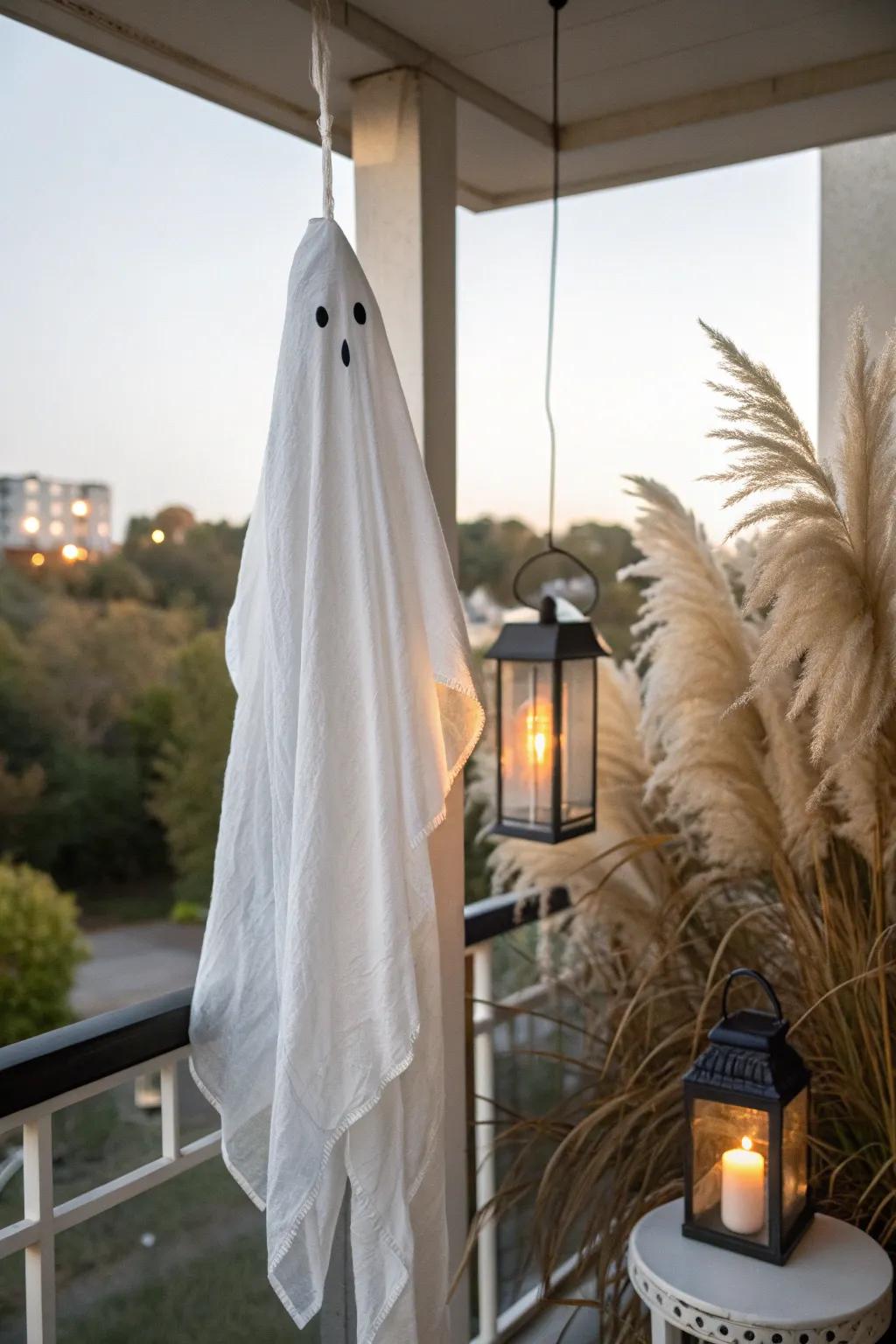 A floating gauze ghost adds spooky height to your balcony—no floor space needed.