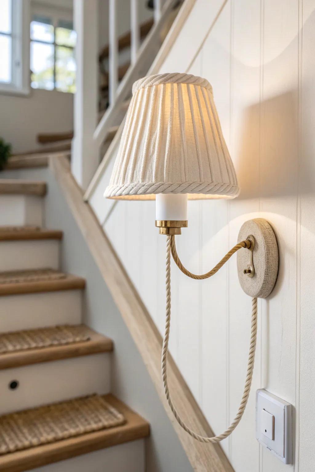 Plug‑in wall sconce glow = cozy stairway layers—no more harsh overhead light for small spaces.