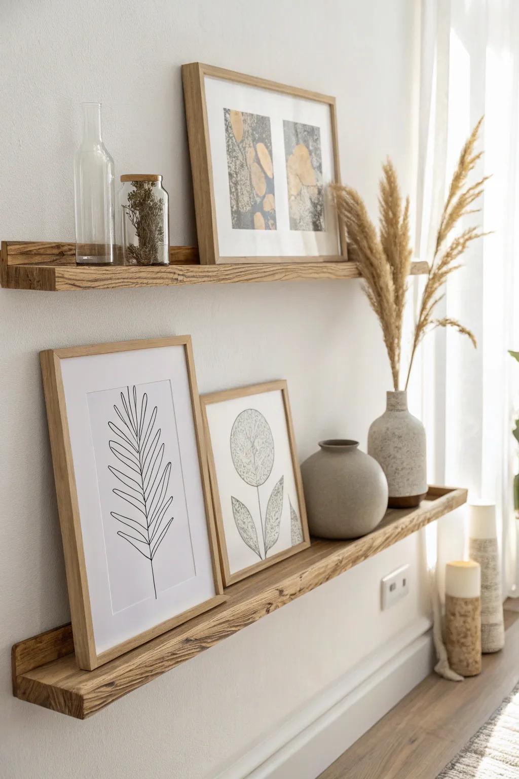 A slim picture ledge makes hallway art easy—layer frames and swap seasonal prints in minutes.