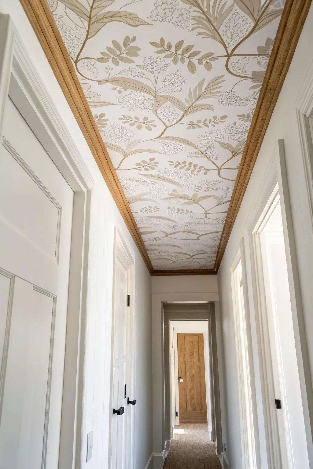 A subtle wallpapered ceiling adds instant wow in a skinny hallway—textured, not busy.
