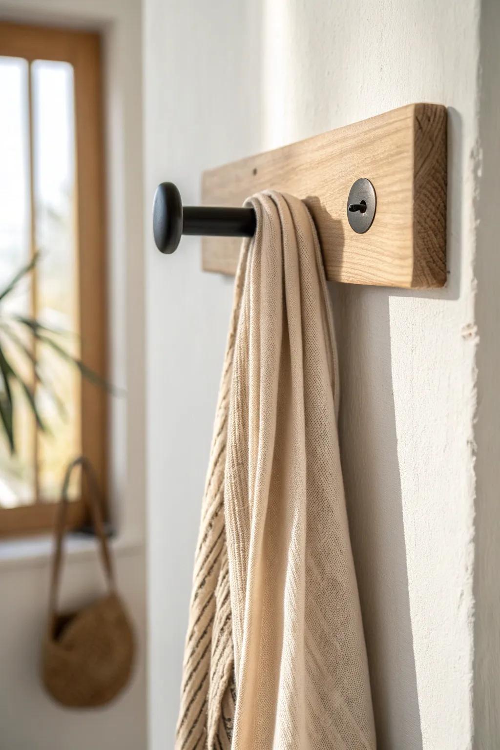 Swap the floor pile for a beautiful hook—keep scarves and bags visible, tidy, and chic.