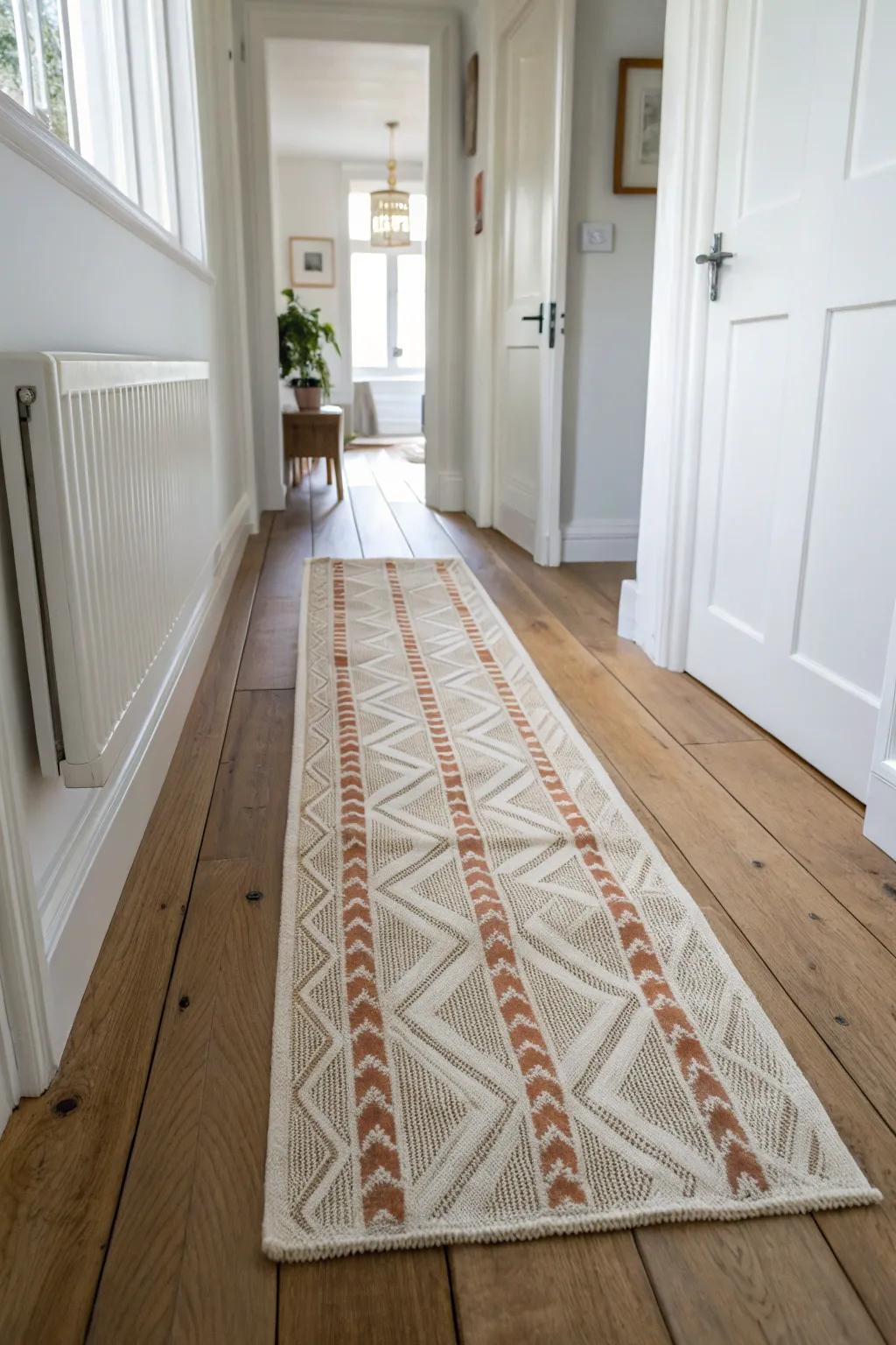 A durable runner rug adds warmth and direction, making a small hallway feel instantly finished.