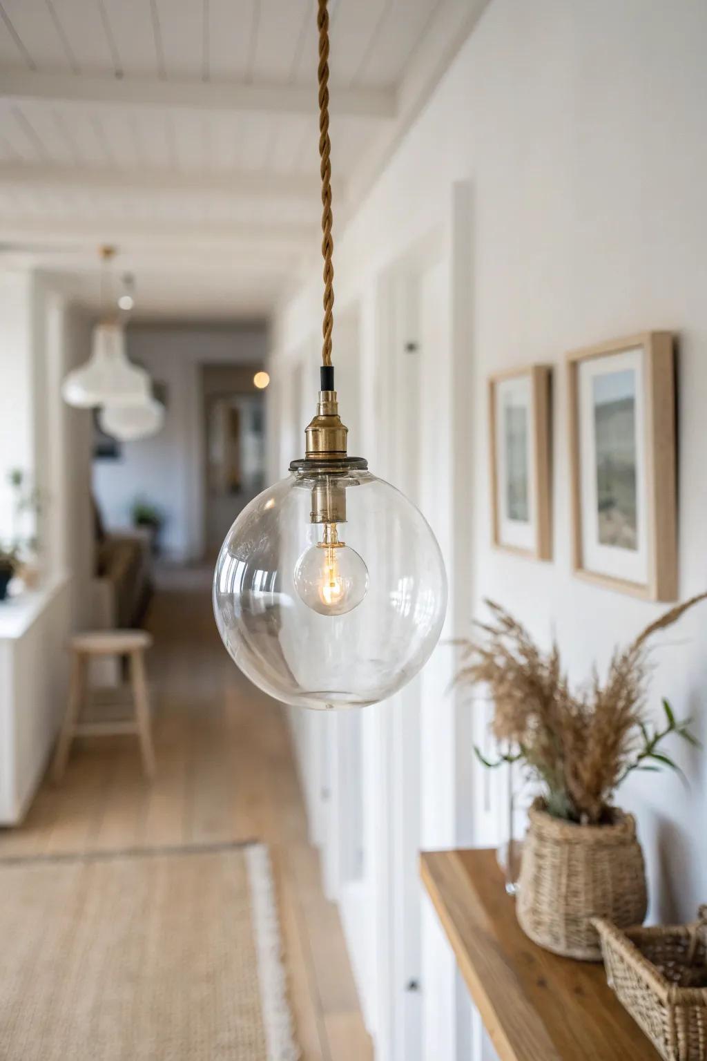Clear glass globe pendant: bright, airy light that keeps a narrow hallway feeling open.
