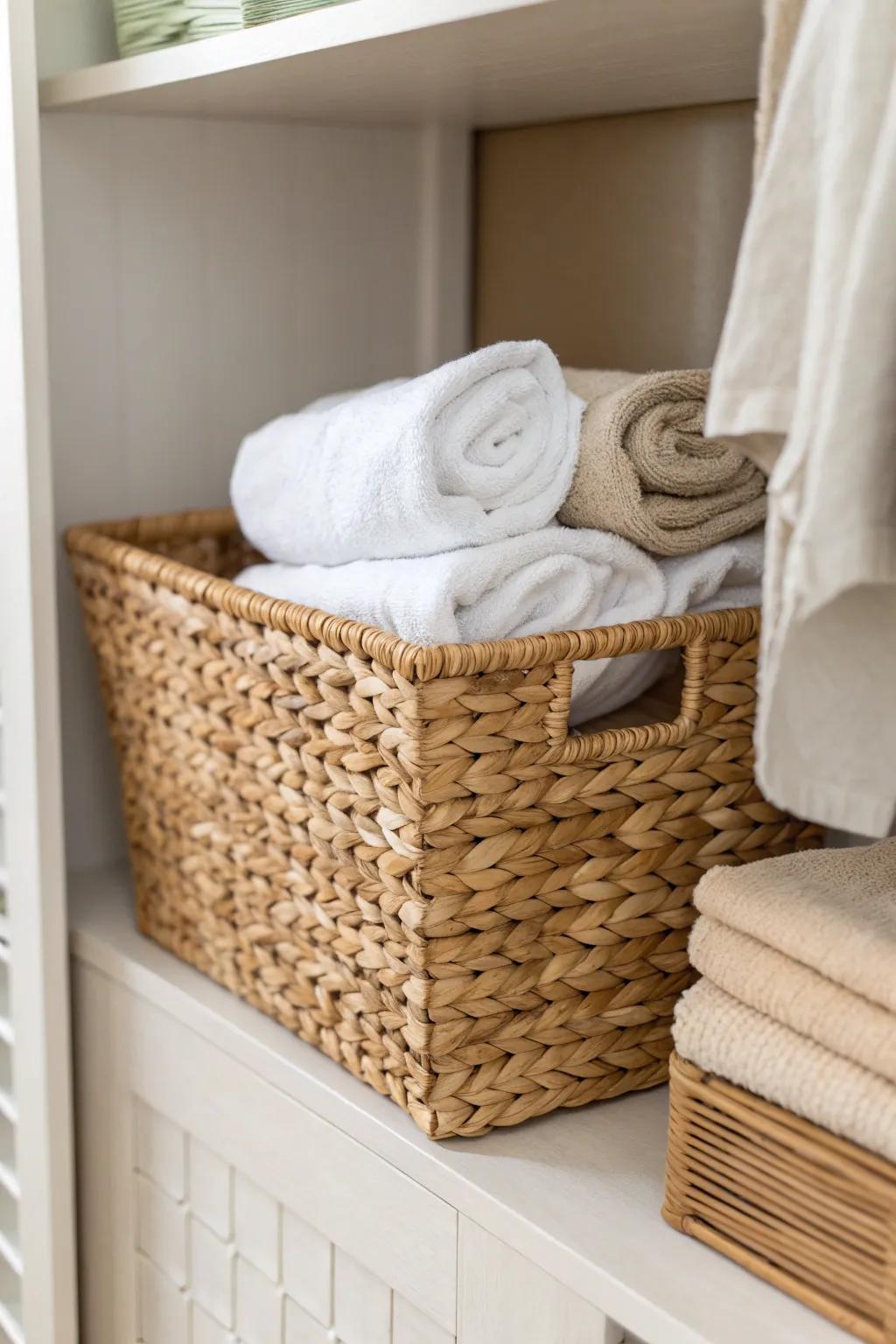 File-folded towels in a woven bin—grab one easily without toppling the whole stack.